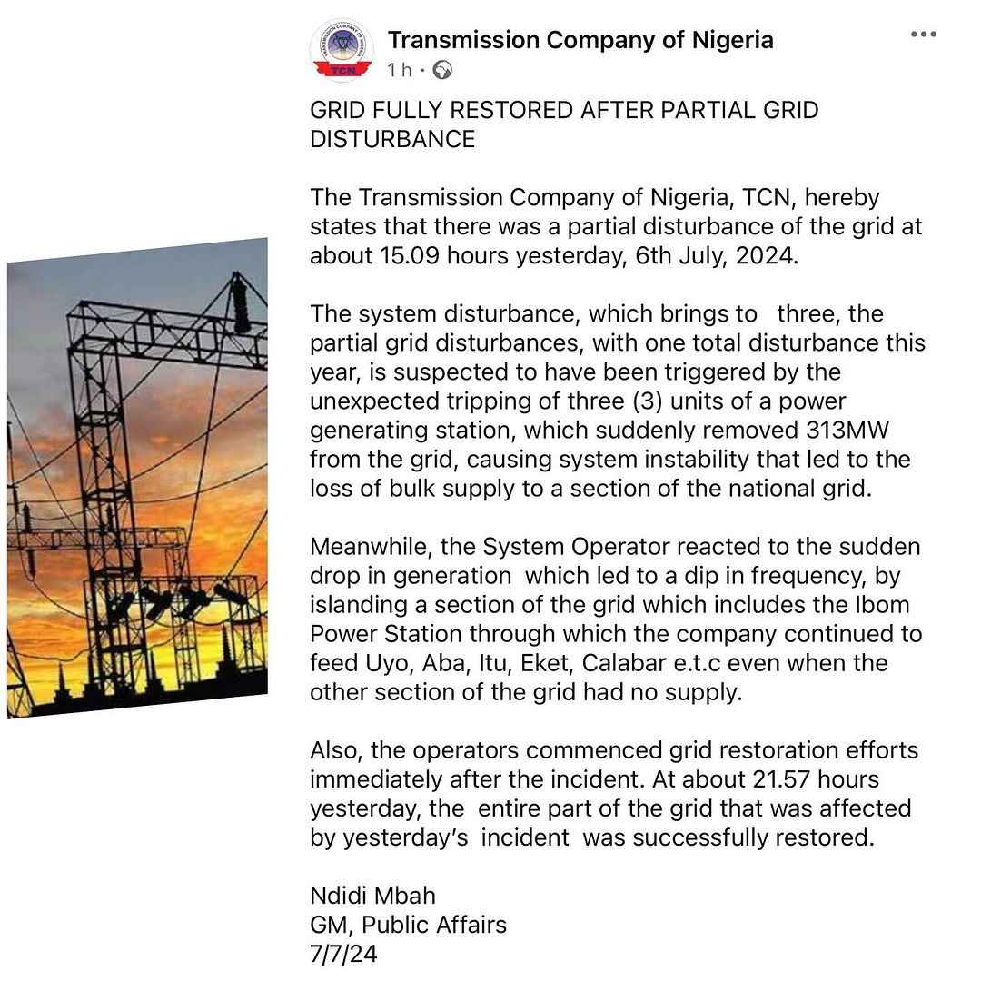 TCN Confirms Full Restoration Of National Grid After Its Collapse