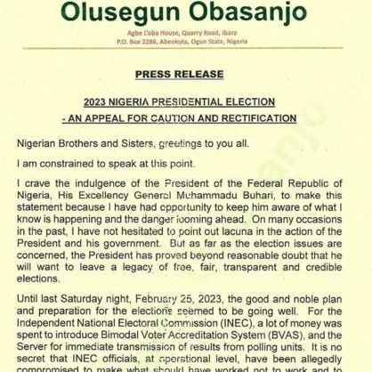 Ex President Obasanjo Writes Open Letter To Buhari Following Collation