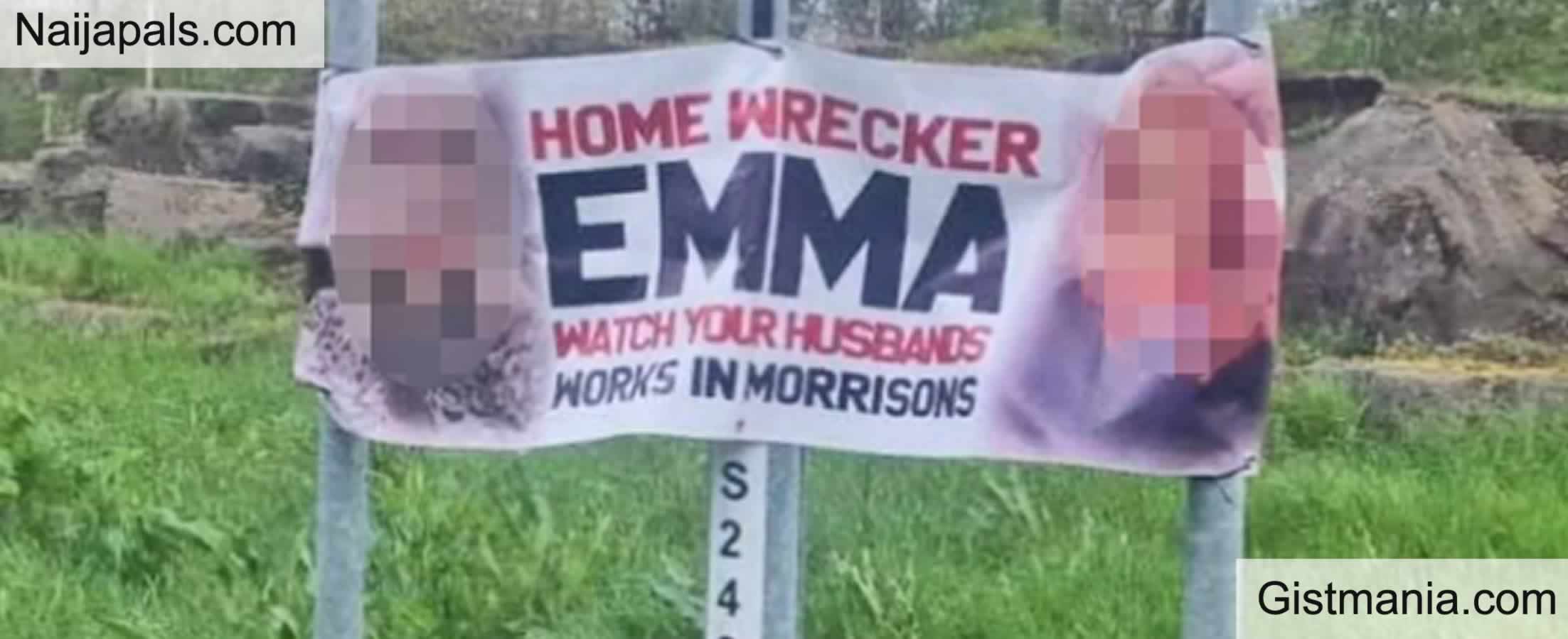 Banner Calling Out “Home Wrecker” With Her Face & Work Place Display On Plastered By A Roadside