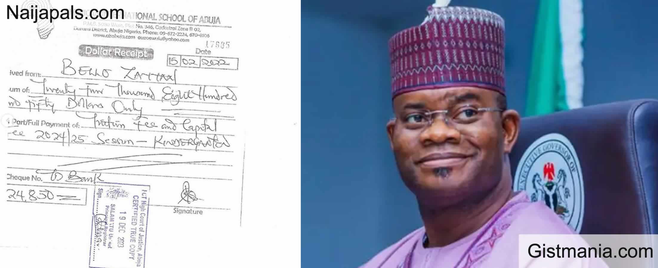 See Tuition Fee Receipts Yahaya Bello Paid American School From 2025 Session Through 2031