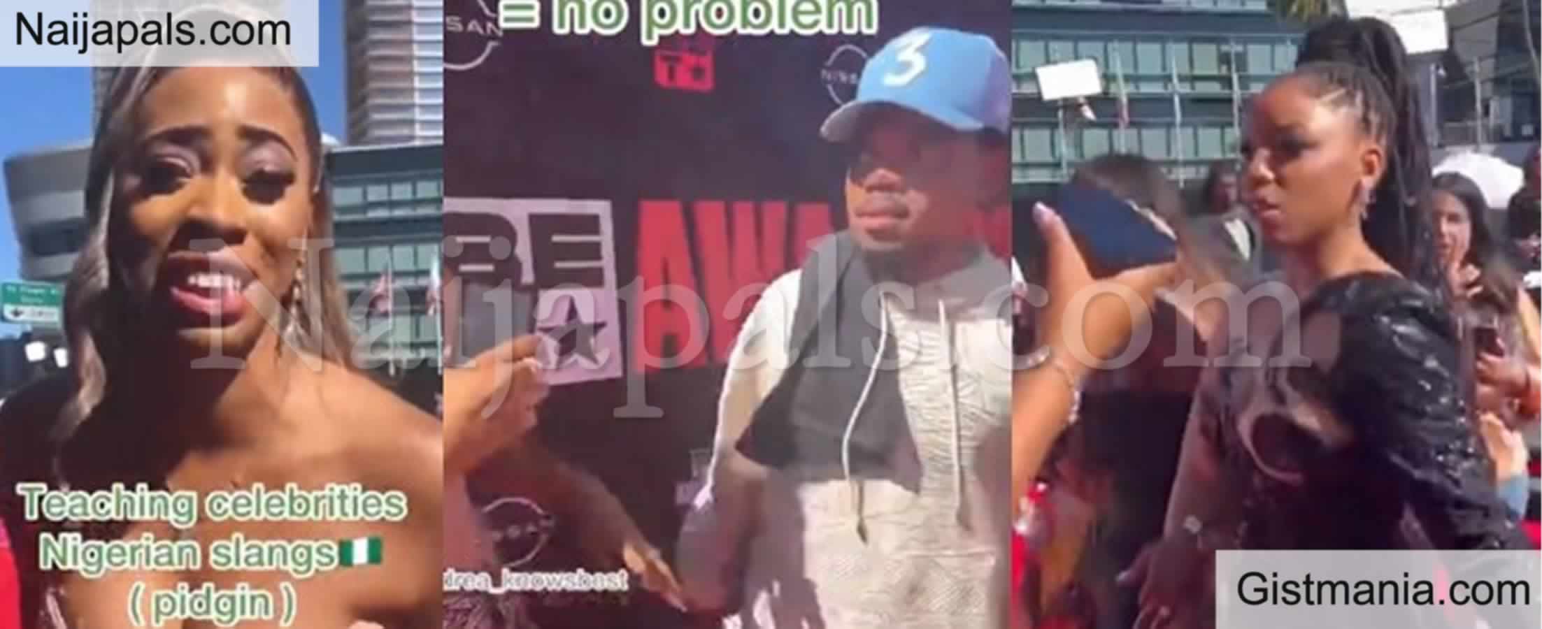 <img alt='.' class='lazyload' data-src='https://img.gistmania.com/emot/grin.gif' /><b> Lady Teaches Chance The Rapper And Other American Celebrities How To Speak Pidgin</b> (VIDEO)