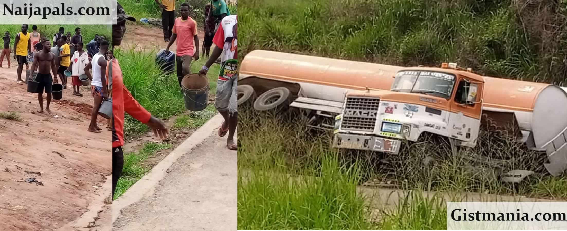 Residents Defy Warning, Risk Lives To Scoop Petrol From Fallen Tanker In Edo State