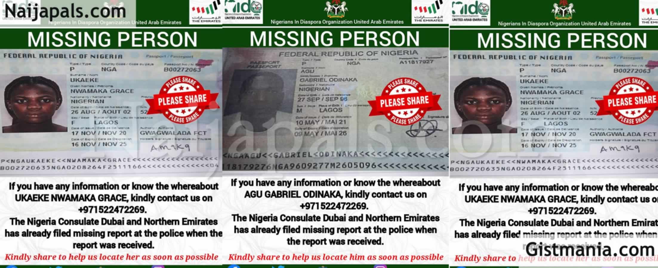 <img alt='.' class='lazyload' data-src='https://img.gistmania.com/emot/news.gif' /><img alt='.' class='lazyload' data-src='https://img.gistmania.com/emot/photo.png' /> <b>Nigerian Man, Agu Odinaka & Lady, Ukaeke Grace Nwamaka Declared Missing In Dubai</b> (Photos)