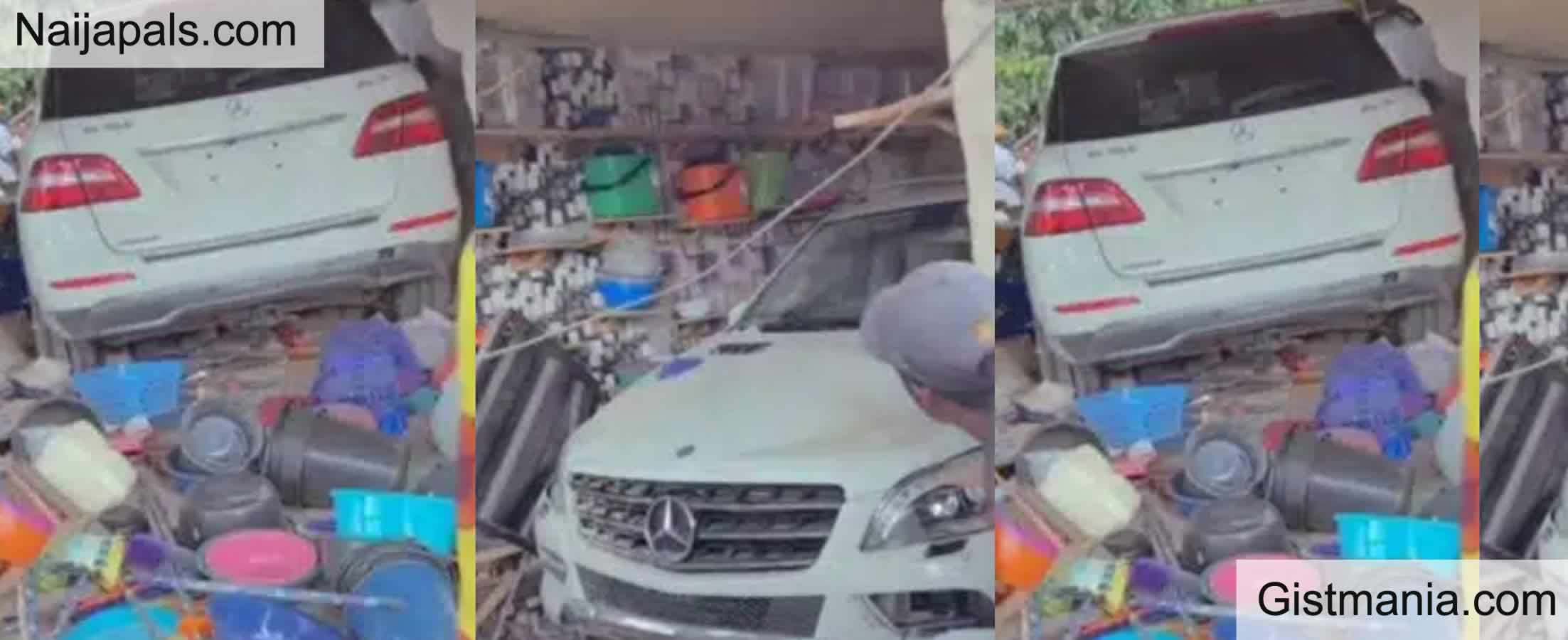 Nigerian Man Crashes Into A Shop With New Benz Barely 24 Hours After Purchase (VID)