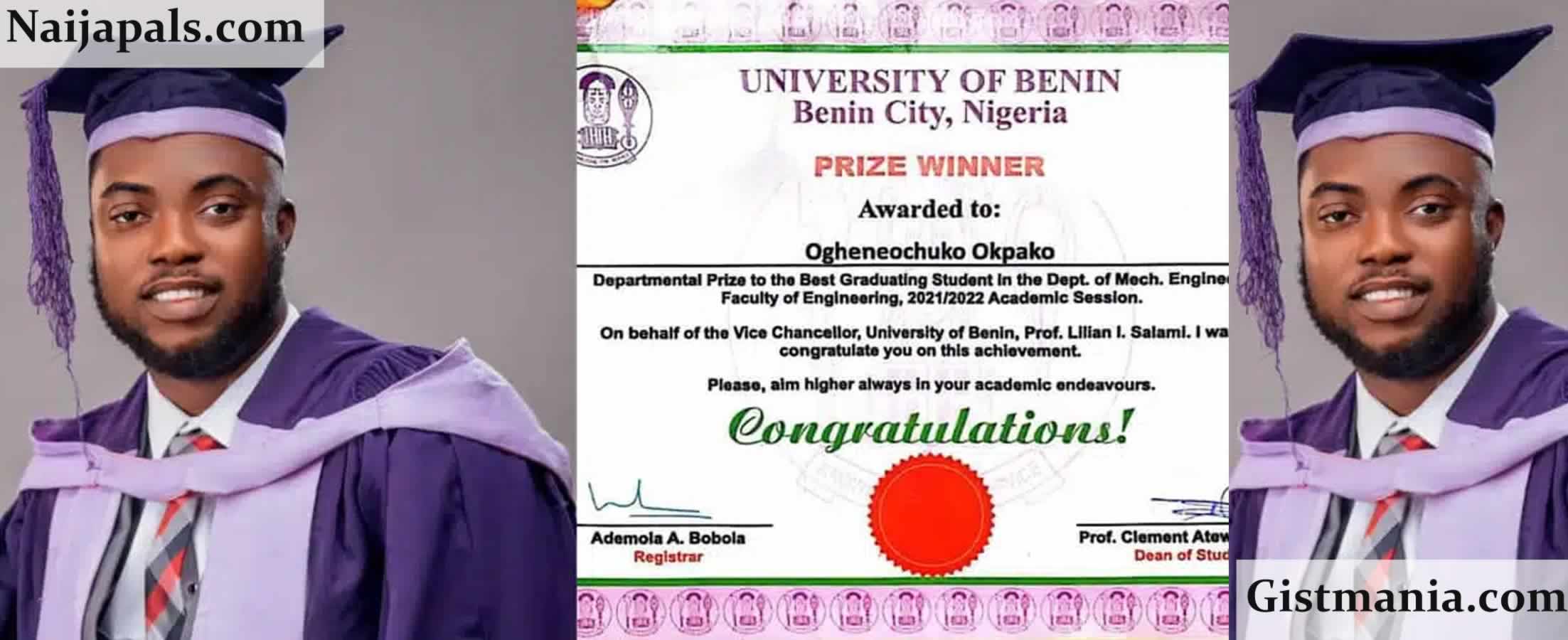 UNIBEN Graduate, Ogheneochuko Okpako Awarded ₦5K As Best Graduating Student With 4.80/5.0 CGPA