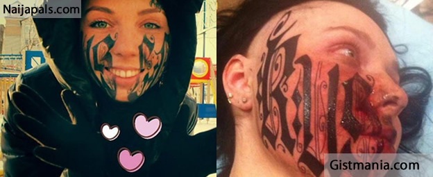 FOOL!! Oyinbo Girl Allows Man To Tattoo His Name On Her Face !! - Gistmania