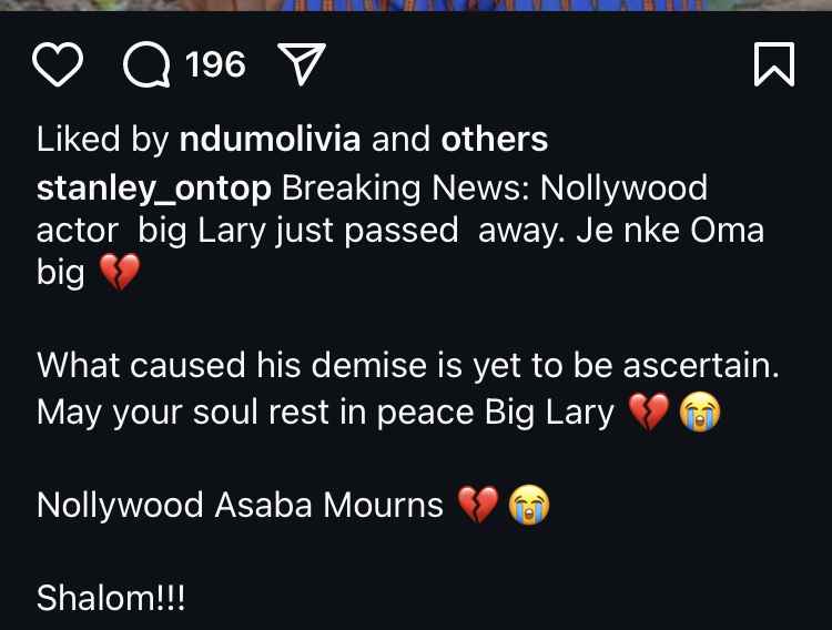 Nollywood Mourns the Loss of Big Larry