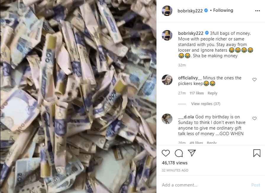“Move with people richer than you” – Bobrisky says as he shows off 3 bags of money he got on his birthday  %Post Title