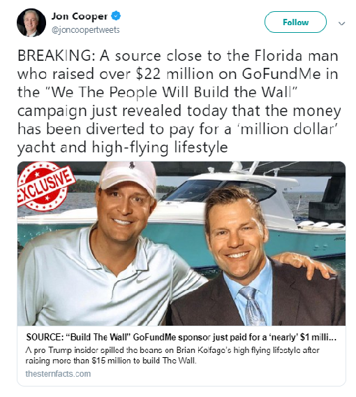 Florida Man Who Raised Over $22m On GoFundMe In The “We The People Will Build The Wall” Diverts Cash %Post Title