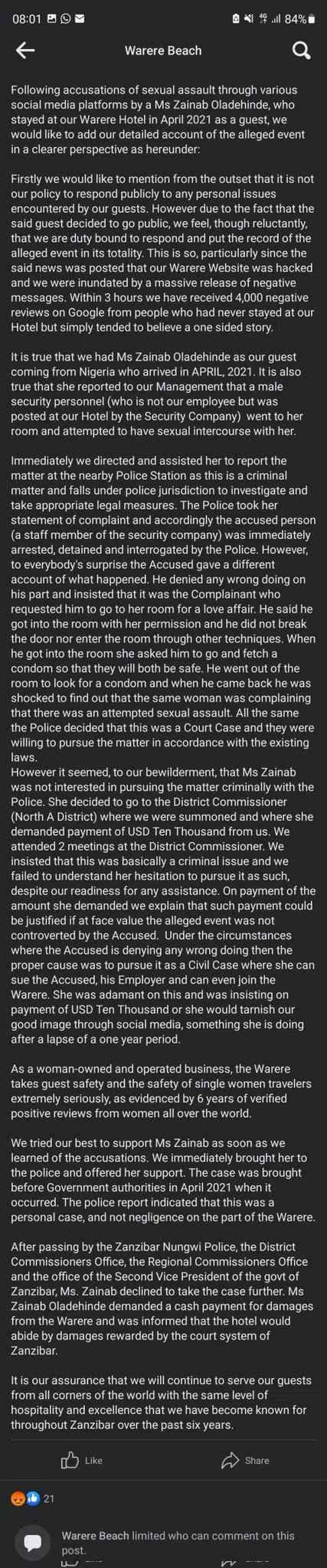 Zanzibar Hotel, Warere Replies Zainab Oladehinde Accuses Her Of ...