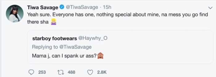 See How Tiwa Savage Replies A Fan That Asked If He Could Spank Her Ass %Post Title