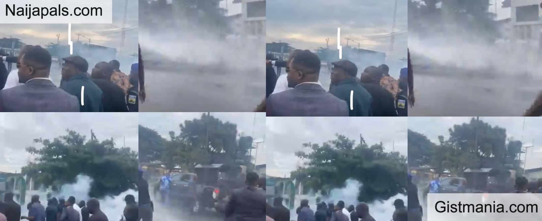 VID: Moment Teargas Fired & Water Dispersed At Rivers Gov. Fubara As He Arrives At Burnt HOA